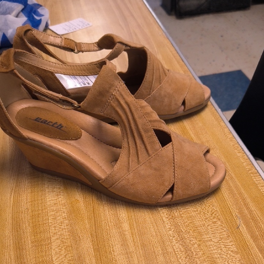 Earth Tan Suede Peep-Toe Slingback Wedge Sandals